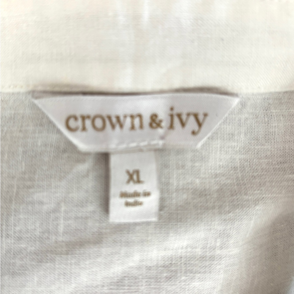 Crown & Ivy XL Floral Blouse White Linen Blend Scallop Collar Cottagecore - Picture 6 of 6